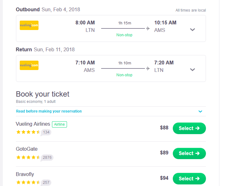 skyscanner - agents and airlines options