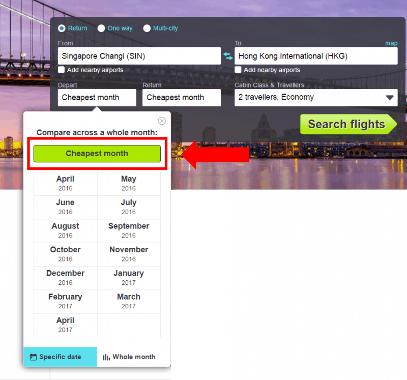 skyscanner - cheapest month search