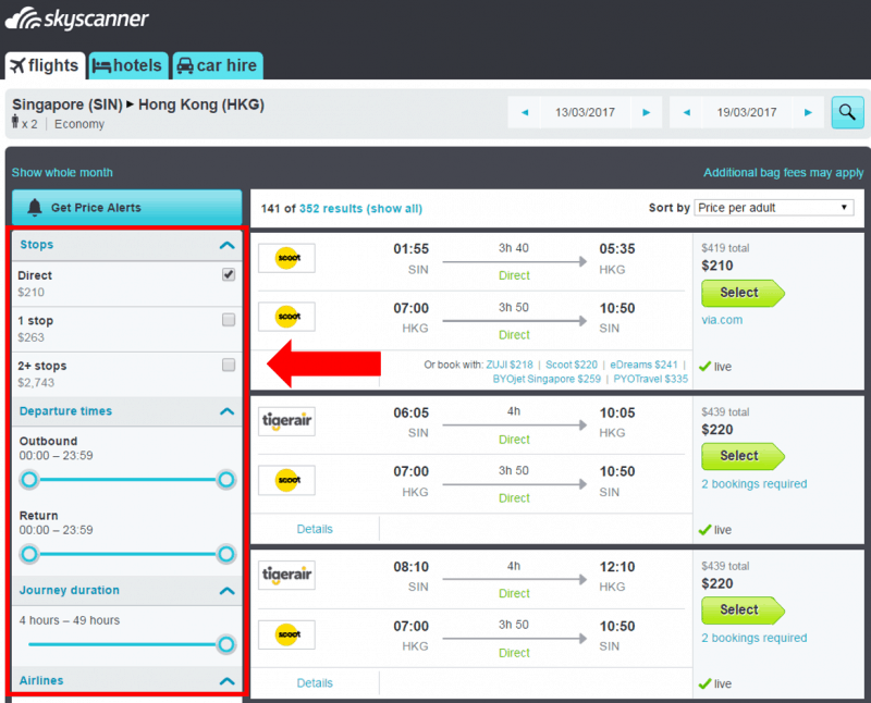 skyscanner - filter flight search results