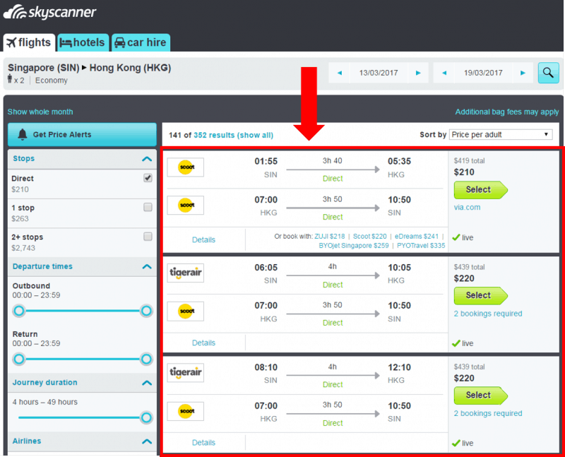 skyscanner - flight search results