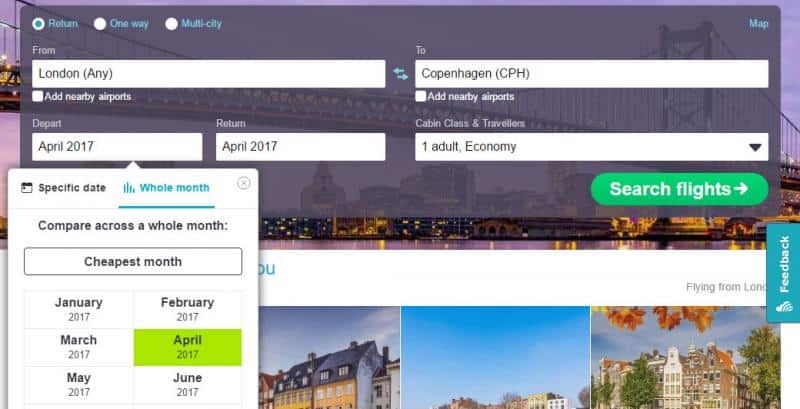 skyscanner - search flight on a specific month