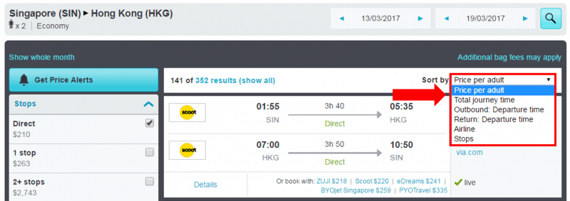skyscanner - sort search results