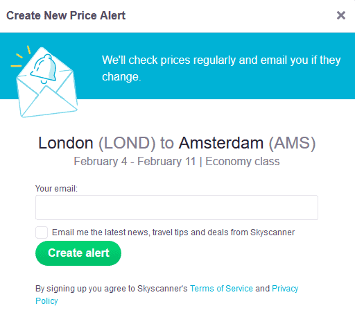skyscanner - create price alert